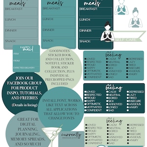 Puede incluir: Widgets e iconos de planificación digital en verde azulado y gris. Incluye planificadores de comidas, rastreadores de estado de ánimo y indicaciones de autocuidado. Texto: "Goodnotes sticker book and collection" y "Join our Facebook group".