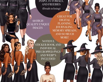 Moda de Halloween para mujeres / Pegatinas digitales de otoño / Planificación digital / Diario digital / Pegatinas Noteful