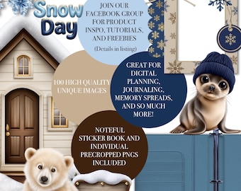 Snow Day Digital Sticker Pack | 100 Winter Stickers PNG + Noteful Sticker Book | Navy & Gold Snowflakes | Cozy Winter Animals + Scene Build