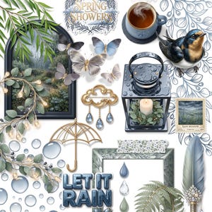 May include: A digital collage with a spring theme, featuring butterflies, a teacup, a bird, and a lantern. The words "Let it Rain" are displayed in blue 3D text. Other elements include a gold umbrella, a cloud-shaped brooch, and a feather.