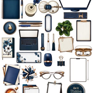 May include: A collection of navy blue and gold office supplies, including a laptop, planner, pens, pencils, a clipboard, a mouse, a pair of glasses, a candle, a plant, a vase with flowers, a lamp, a phone, a notepad, a folder, a mug, and a 'Get it Done' sticker.