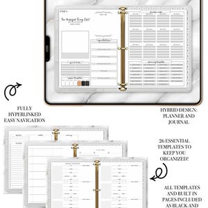 May include: A digital planner and journal titled The Unfazed Ringed Mid Year 2026 Dated, featuring a gold ring binder mechanism, index page, and multiple planning templates with black and white layouts displayed on a marble-textured tablet screen.