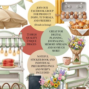 May include: Digital art image featuring a summer market scene with a variety of elements. Includes a market stall, fresh produce, baked goods, flowers, and coffee. Text includes "Summer Market", "75 High Quality Unique Images", and "Coffee Run".