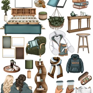 Może przedstawiać: Kolekcja ilustracji w stylu hygge, w tym turkusowa kanapa, wiszące krzesło, drewniana półka, stolik kawowy, stołek, lampa, filiżanka kawy, szalik, sweter, książka, roślina, ramka na zdjęcie i dwie kobiety siedzące na kanapie. Ilustracje są w stylu kreskówkowym i mają ciepły, zapraszający charakter.