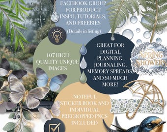 Lascia che piova / 107 adesivi digitali / Botanica primaverile malinconica / Noteful e PNG