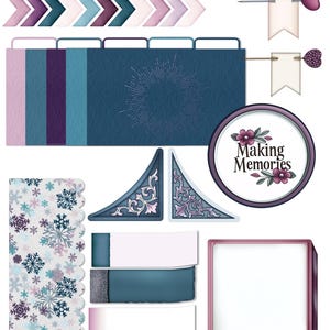 Może przedstawiać: Zestaw do scrapbookingu cyfrowego w zimowym stylu. Zestaw zawiera różne elementy, takie jak papier, naklejki i ozdoby. Zestaw jest przeznaczony wyłącznie do użytku osobistego.