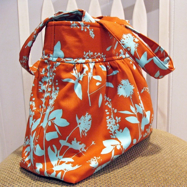 Gathered Fabric Bag in Joel Dewberry Tangerine Wildflowers, Orange and Aqua