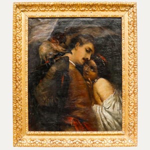 May include: An antique oil painting in a gold ornate frame. The artwork depicts a man and woman embracing, with the man wearing a dark coat and the woman in a white dress. The painting has a dark, moody colour palette.