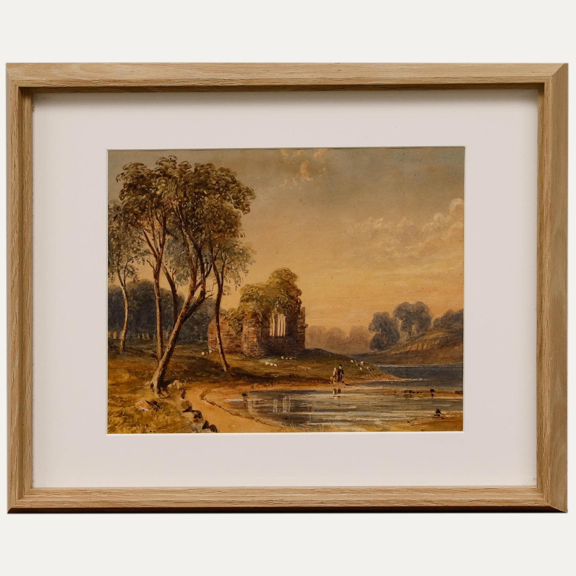 19世紀の水彩画：教会の廃墟の風景、額装されたアンティーク美術品