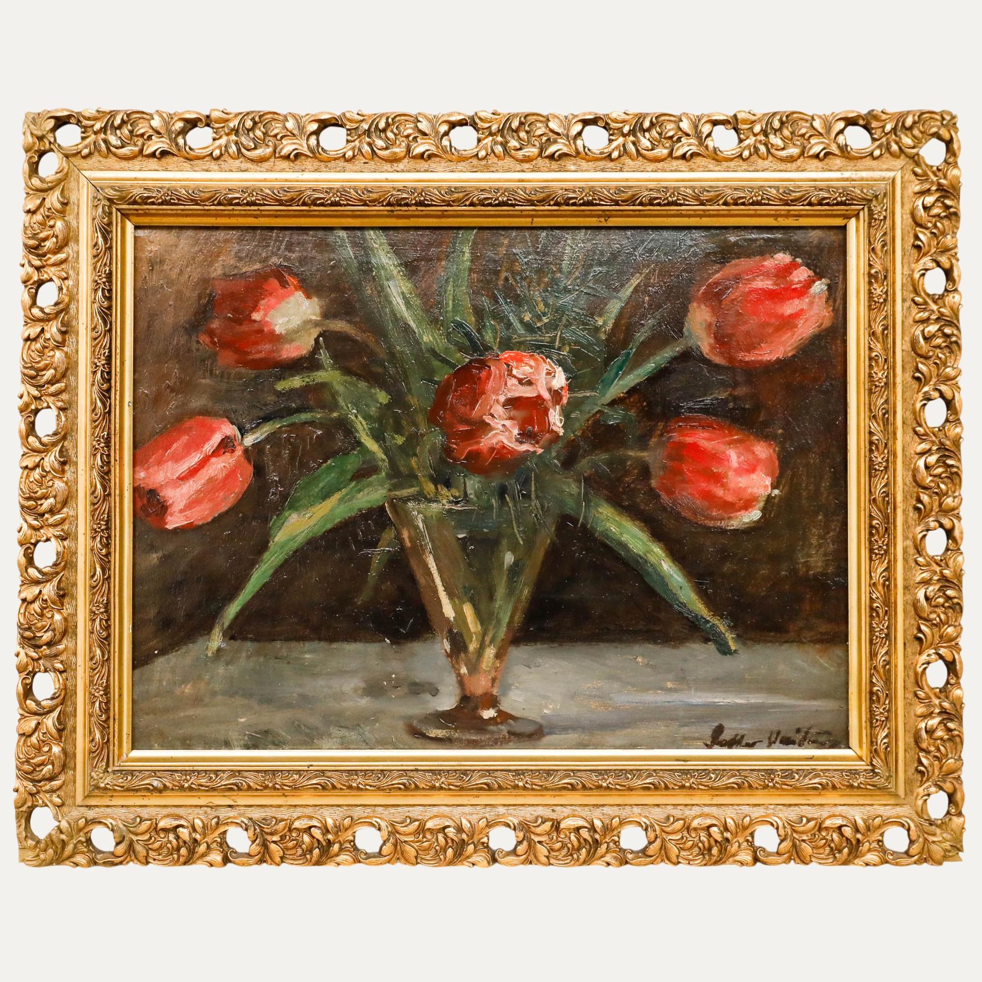 20世紀半ばの油絵 - ガラスの花瓶に入ったチューリップ