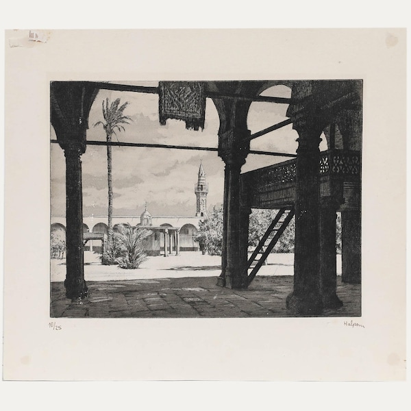 Frederick Halpern (f.1909) - Etsning från tidigt 1900-tal, gårdsplan i Kairo Original vintage antikt konstverk