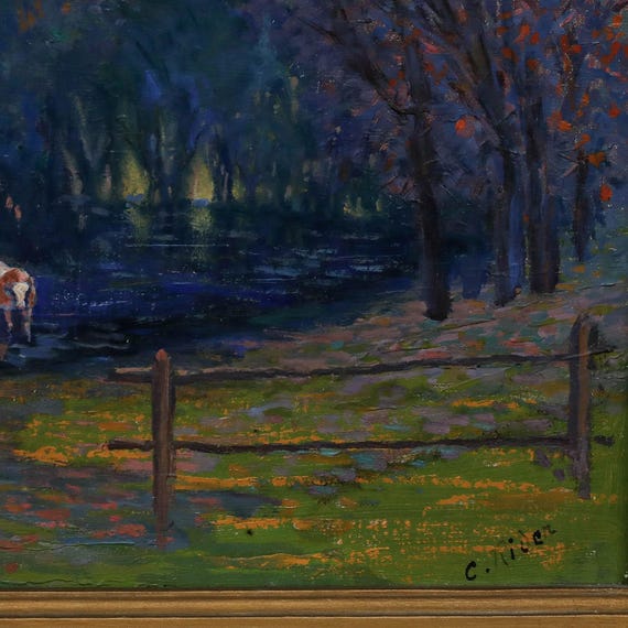 C. ライダー - 20世紀の油彩画、水飲み場、オリジナルのヴィンテージ