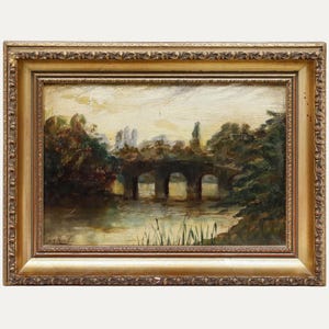 A.S. Reid - Framed Late 19th Century Oil, Bridge at Twilight Original Vintage Antique Artwork