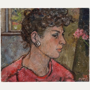 May include: Oil painting depicting a woman in profile, wearing a red top and a large earring. The woman has dark hair and is looking right. The background includes a window and pink flowers.