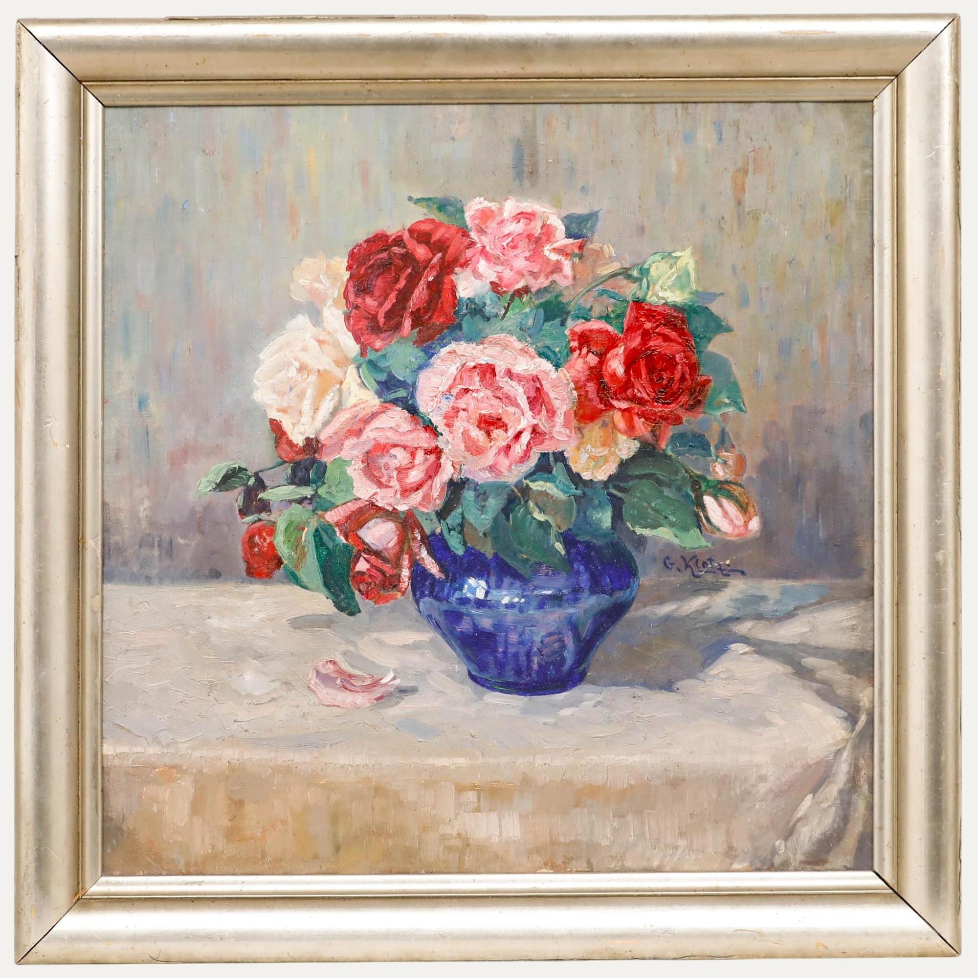G. クロット作 - 20世紀初頭の油彩画、「バラの花束」オリジナル