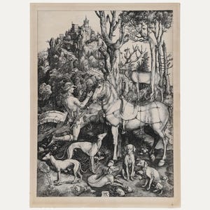 After Albrecht Dürer - Late 19th Century Engraving, Saint Eustace Original Vintage Antique Artwork