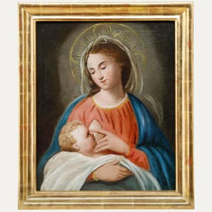 Framed German School Late 19th Century Oil - Madonna & Infant Jesus Original Vintage Antique Artwork
