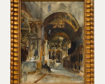 Puede incluir: Pintura a la acuarela de un espacio arquitectónico interior, enmarcada en un marco de madera dorado y ornamentado. La obra representa un techo abovedado y puertas arqueadas, con figuras en la distancia. La paleta de colores es apagada, con marrones, grises y toques de azul.