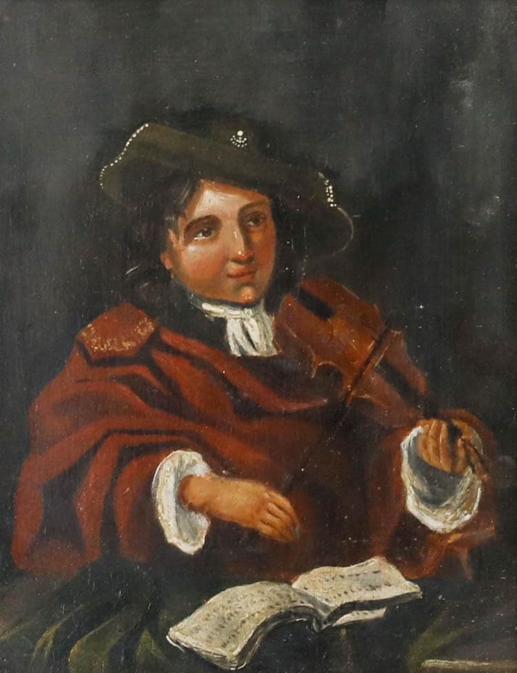 19世紀の油絵 - ヴァイオリンを弾く少年 オリジナルヴィンテージ