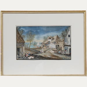 Fine Early 19th Century Gouache - Bustling Rural Scene Original Vintage Antique Artwork