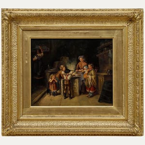 May include: An antique oil painting in a gold ornate frame depicts a domestic scene with figures gathered around a table. The painting features a woman and children in a dimly lit interior, with a warm color palette.