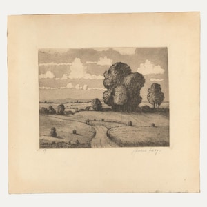 May include: A black and white etching of a rural landscape featuring a winding road, trees, and fields under a cloudy sky. The artwork has a vintage aesthetic, with visible texture and detail in the depiction of the scenery.