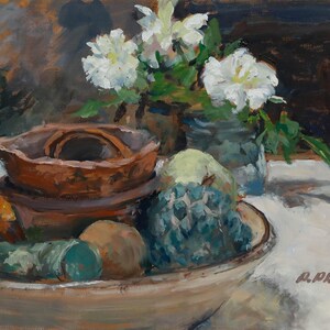 Pauline Plummer (b.1933) - Contemporary Oil, Fruit Bowl & White Flowers Original Vintage Antique Artwork image 2