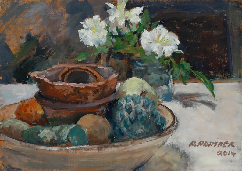 Pauline Plummer (b.1933) - Contemporary Oil, Fruit Bowl & White Flowers Original Vintage Antique Artwork image 2