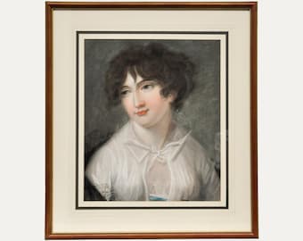 Framed Early 19th Century Pastel - Lady in the White Chemise Original Vintage Antique Artwork
