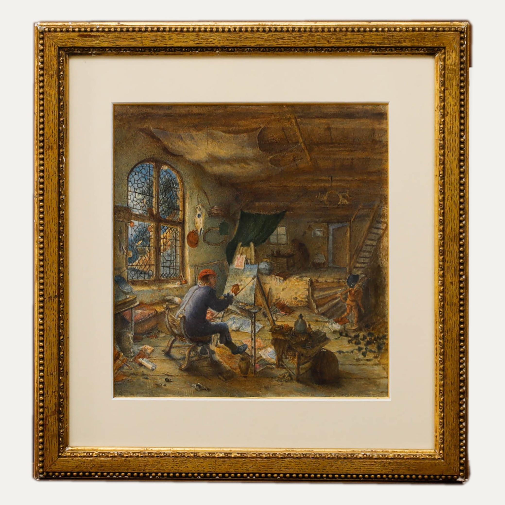 19世紀の水彩画：オランダの画家のアトリエ、アンティークアート