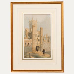 May include: A watercolor painting of a stone building with a tall tower and a large arched doorway. The building is surrounded by a wall and there are people walking in the street in front of it.