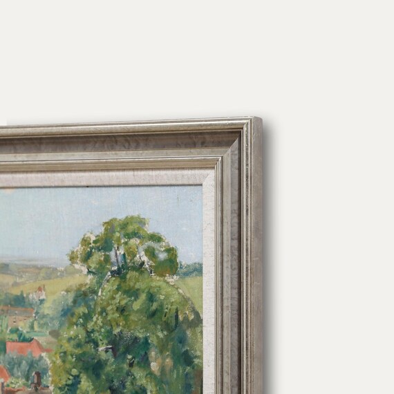 絵画・油絵・アンティーク・額絵 額入り20世紀の油絵 - 村の眺め オリジナルヴィンテージ