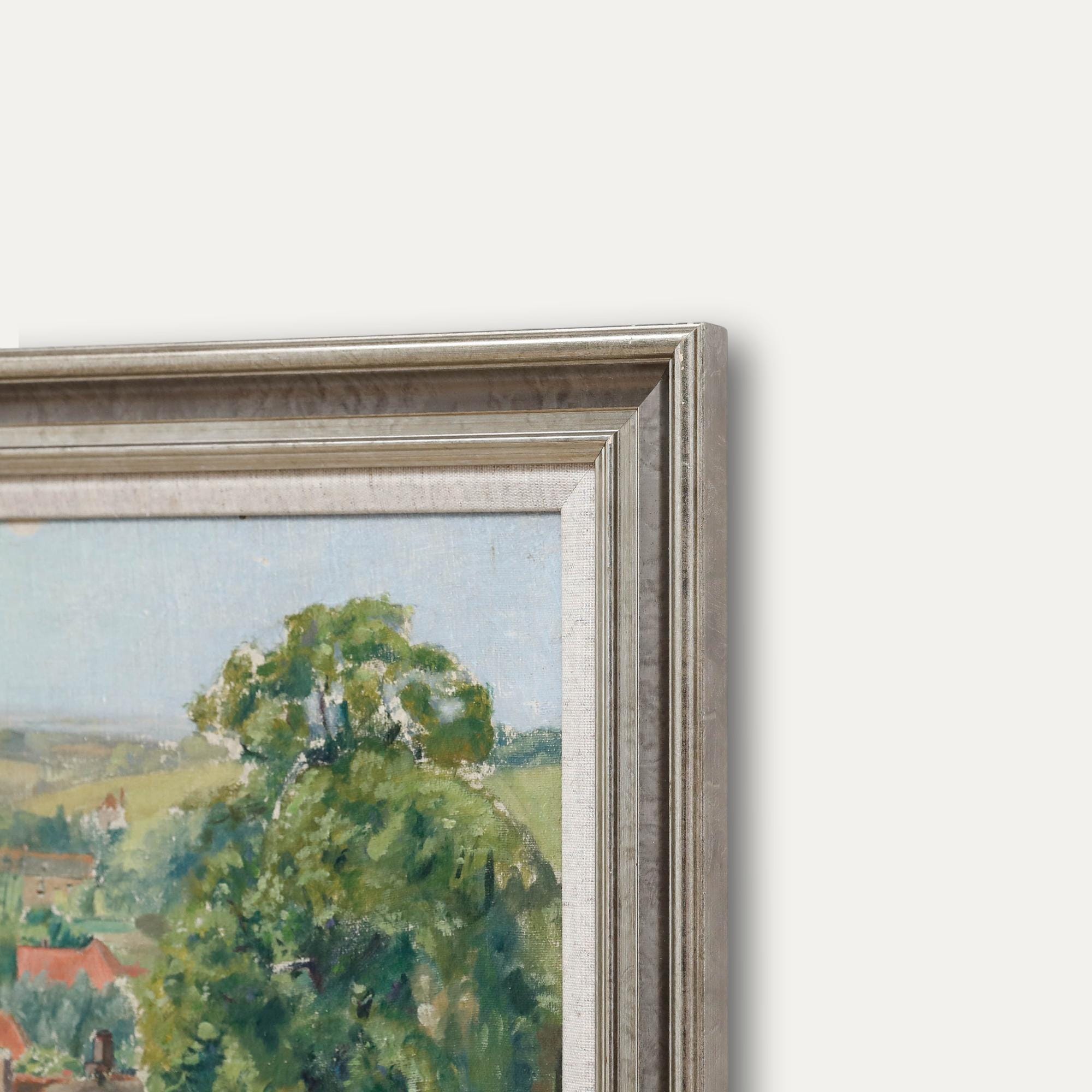 額入り20世紀の油絵 - 村の眺め オリジナルヴィンテージ