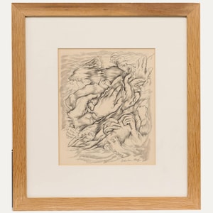 May include: A framed monochrome pencil drawing depicting multiple hands in a complex arrangement. The artwork is set against a cream background and enclosed in a light oak frame. The artist's signature is present in the bottom right corner.