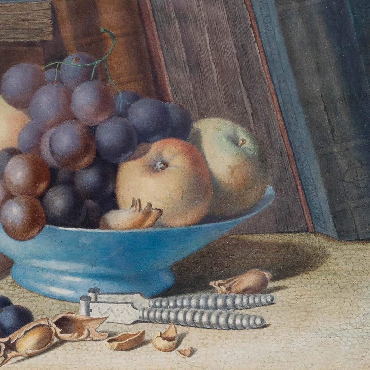 19世紀の水彩画 - 本と果物のある静物画 オリジナルのヴィンテージ