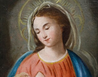 額入りドイツ派 19世紀後半の油絵 - 聖母マリアと幼子イエスの