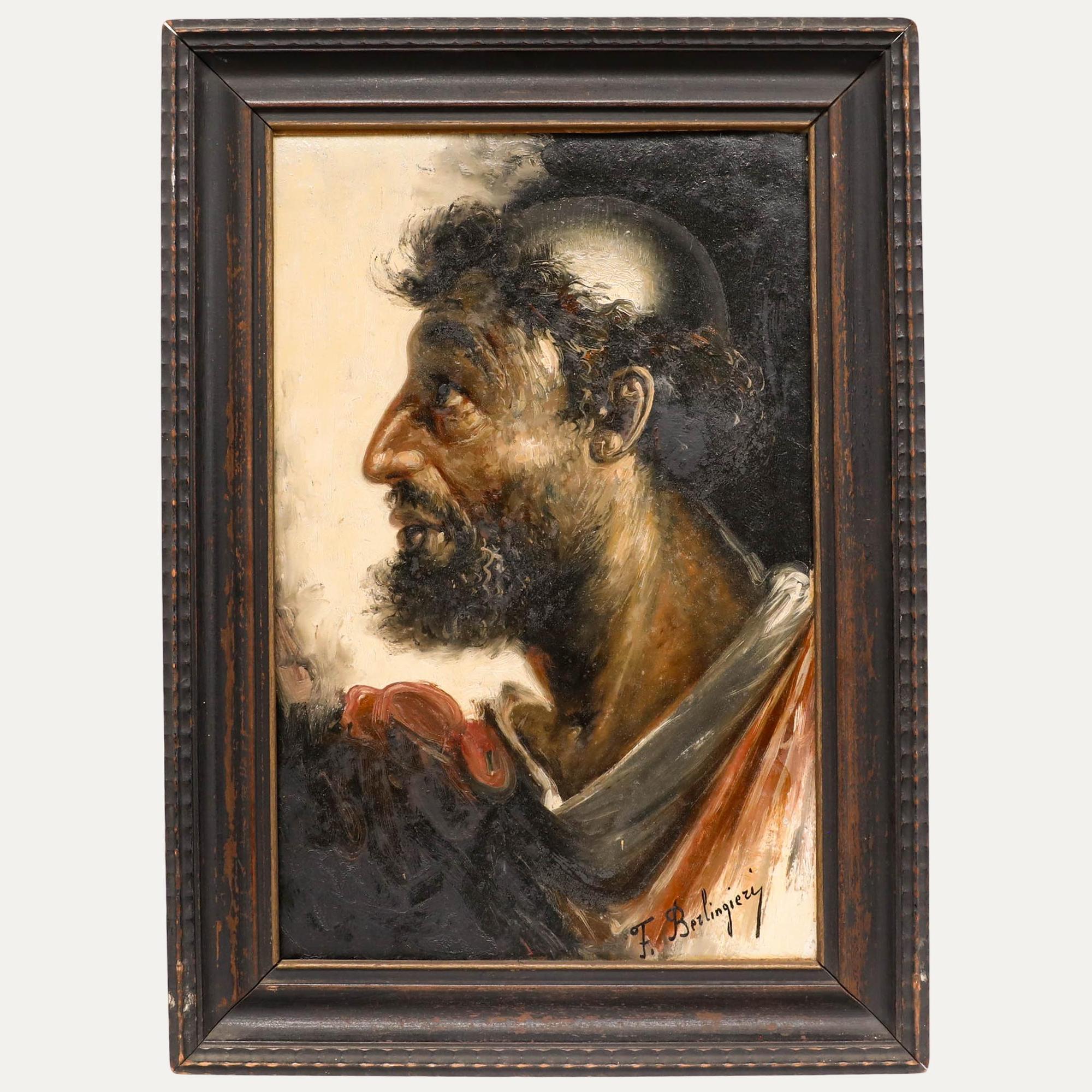 クレスト  アンティーク　油絵 フランチェスコ・ベルリンジェーリ作、19世紀のアンティーク油彩画