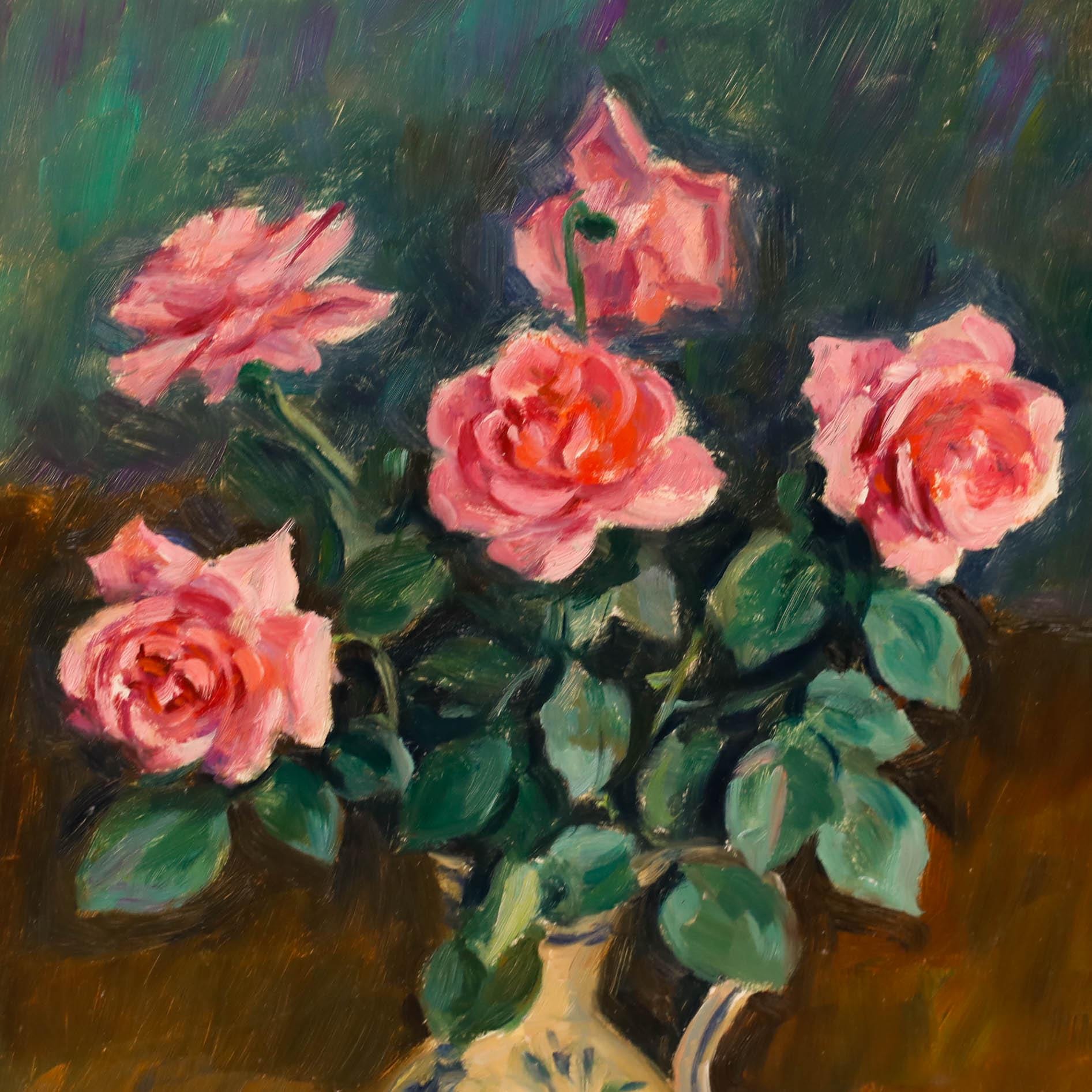 Vintage Pink Roses Oil Painting: Mid-Century Floral Still Life