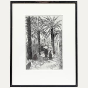 Framed Early 20th Century Etching - By the Palm Trees Original Vintage Antique Artwork