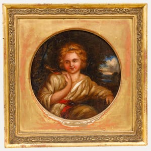 Early 19th Century Oil - The Girl and the Robin Original Vintage Antique Artwork