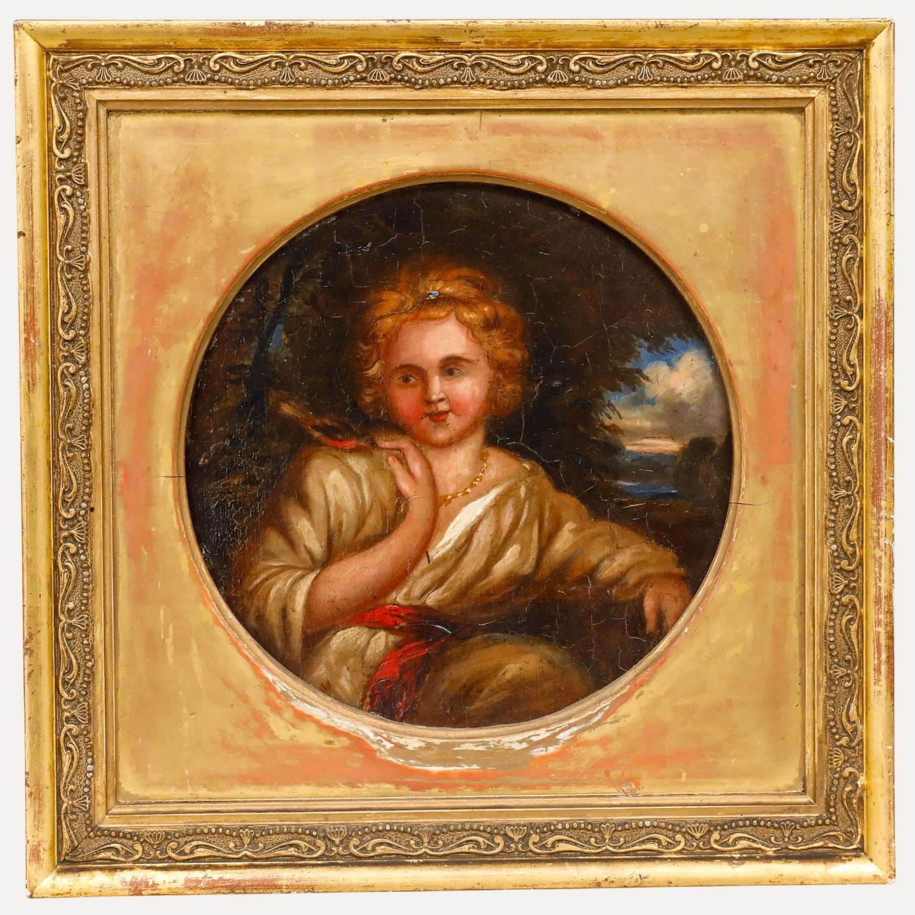 19世紀初頭の油彩画 - 少女とロビンのオリジナルヴィンテージ