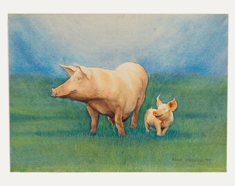 賞品の豚 19世紀フォークアート油絵複製画、納屋にいる白いぽっちゃり