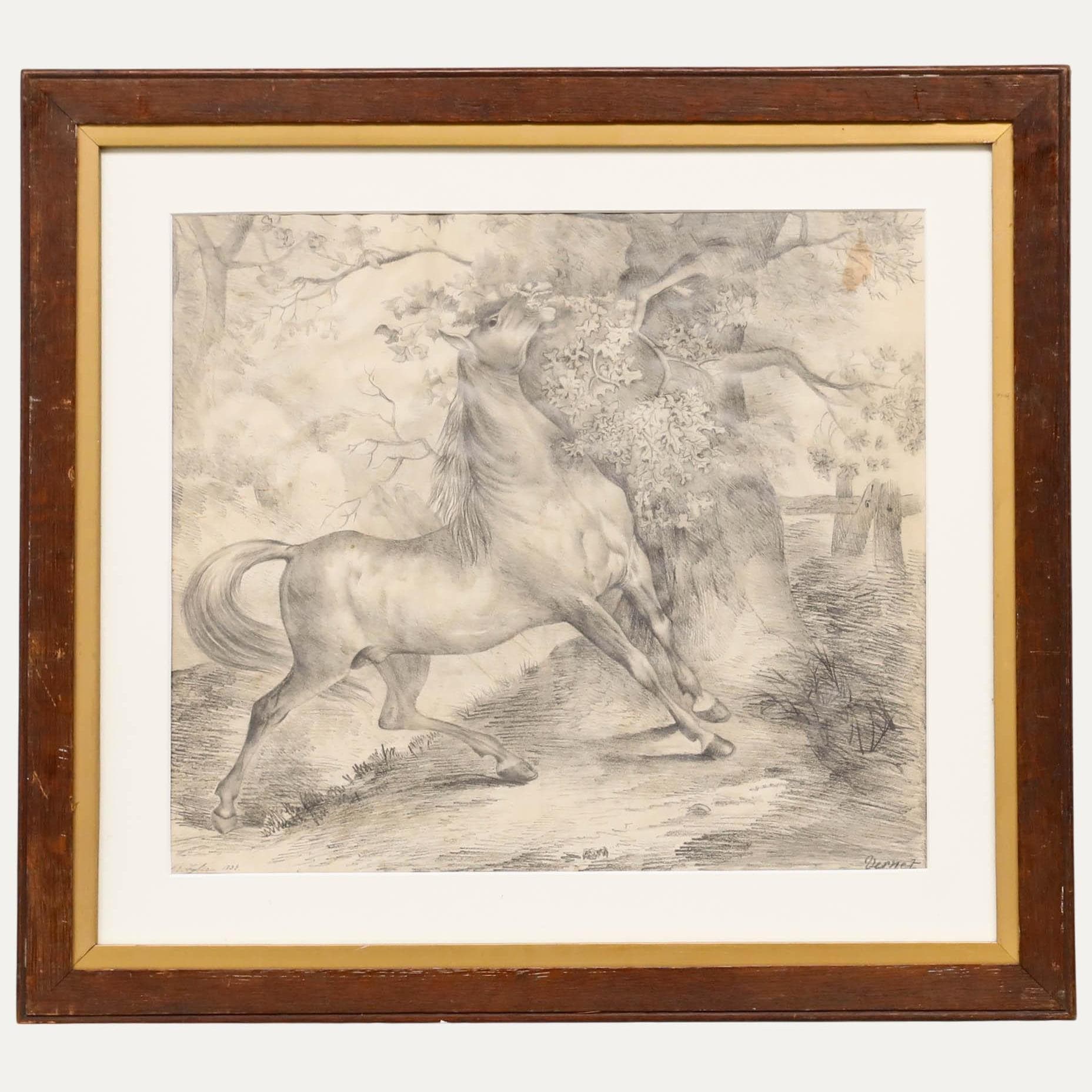 After Carle Vernet (1758-1836) - 1833 Graphite Drawing, Wild Horse Original Vintage Antique Artwork