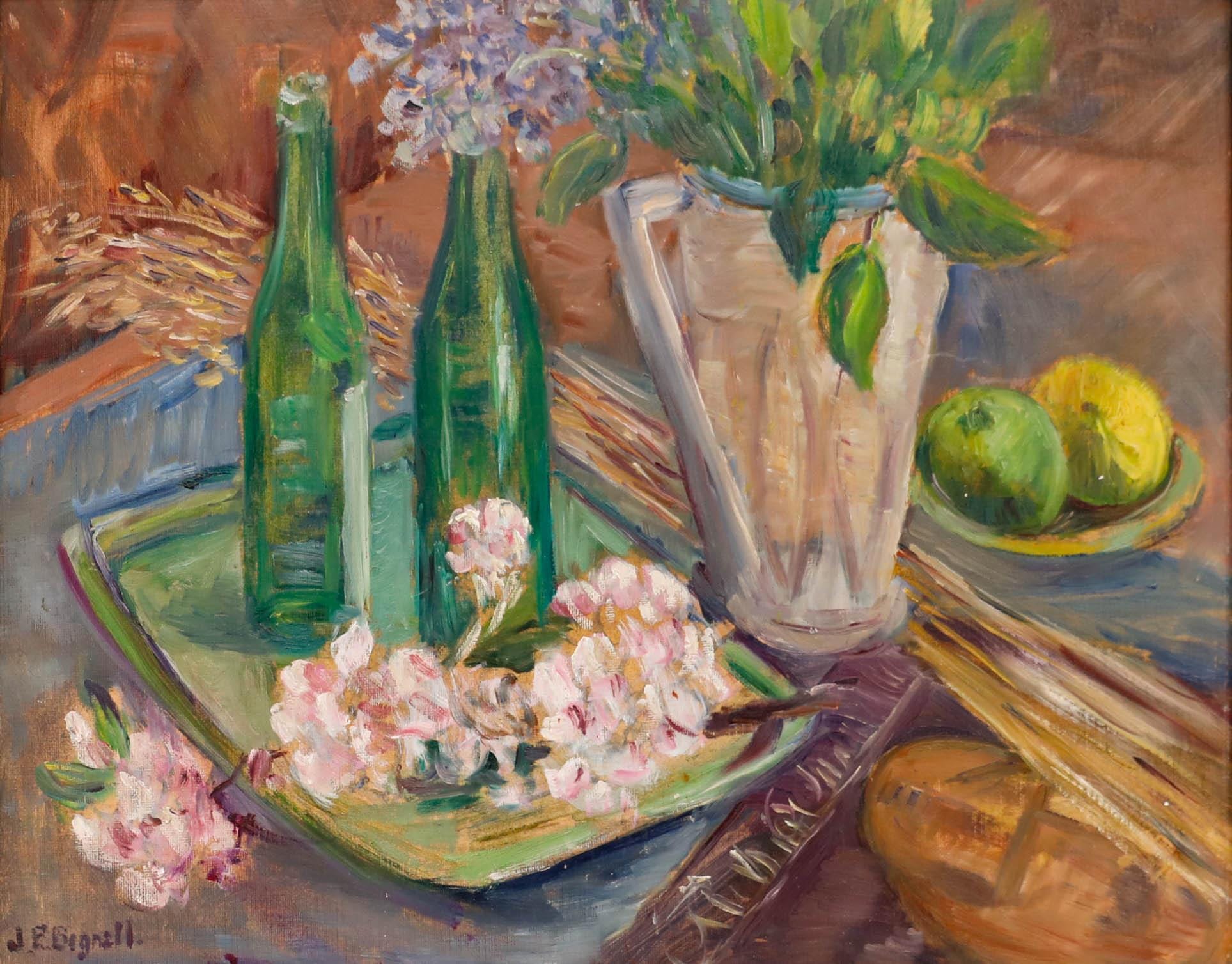 ジェシー・ペイジ・ビグネル (1896-1992) - 20世紀の油彩、花、ボトル