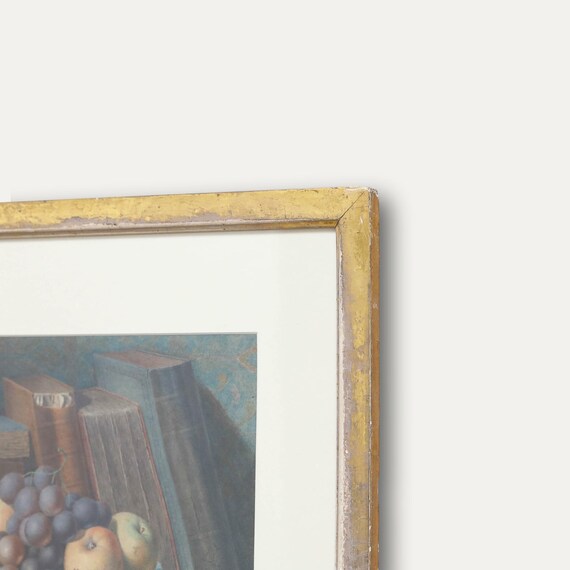 19世紀の水彩画 - 本と果物のある静物画 オリジナルのヴィンテージ