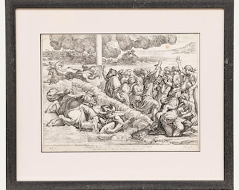 Puede incluir: Un grabado en blanco y negro enmarcado que representa una escena bíblica con numerosas figuras, caballos y nubes. La obra de arte está enmarcada en un passe-partout blanco y un marco de madera oscura, mostrando una ilustración histórica detallada.