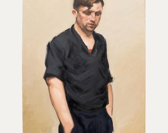 May include: Oil painting of a person in a black shirt and dark blue pants, hands in pockets. The person has short brown hair and a red undershirt is visible. The background is a light beige color.