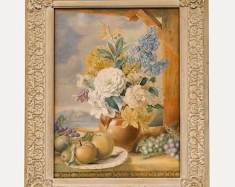 19世紀後半の英国派による水彩画 - 果物と花の静物画 オリジナル