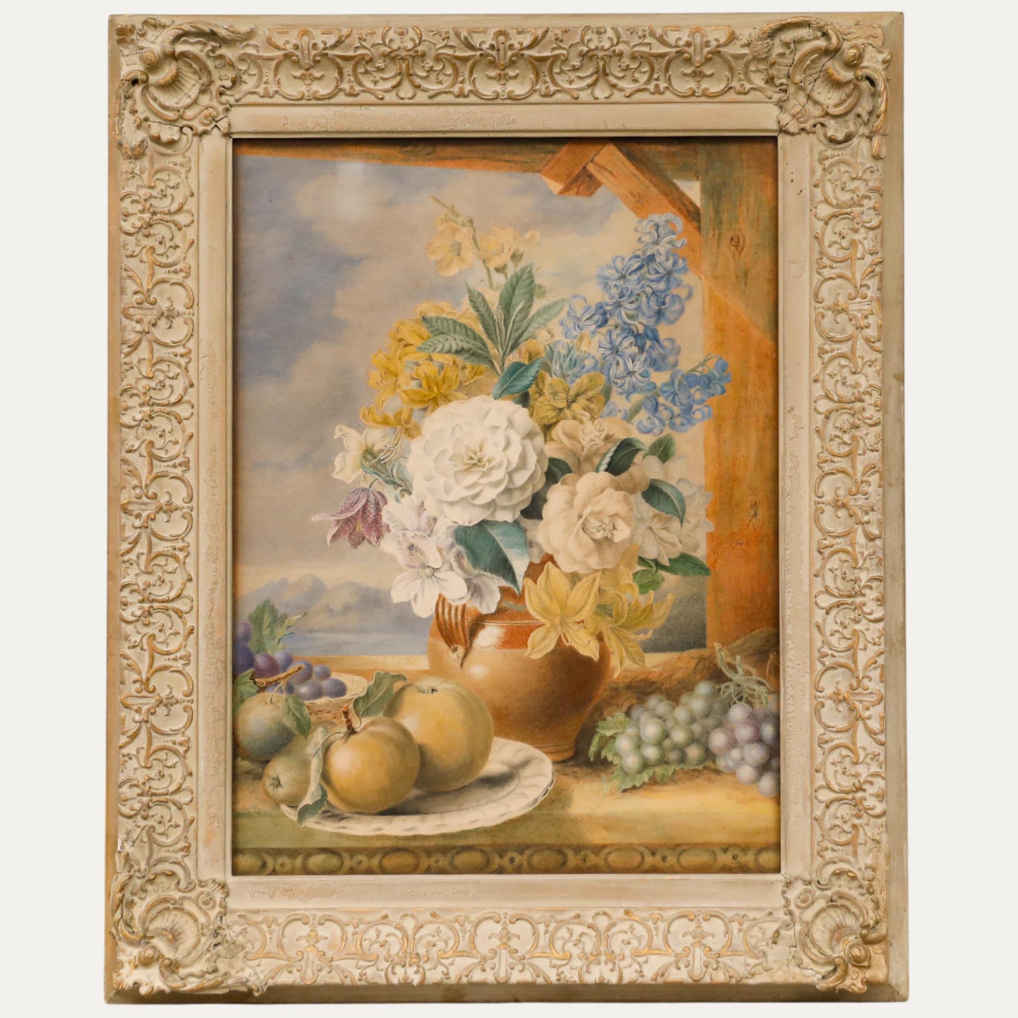 【稀少】絵画　アンティーク　額装　額縁　静物画　西洋　果物　花　ワイングラス 19世紀後半の英国派による水彩画 - 果物と花の静物画 オリジナル