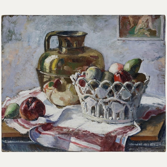 20th Century Oil - Still Life of a Jug and Fruit Original Vintage